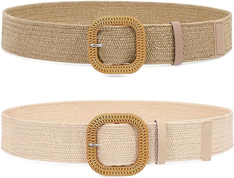 SUOSDEY 2 Pack Straw Woven Elastic Belt Braided Stretch Wide Belt for Women Dress